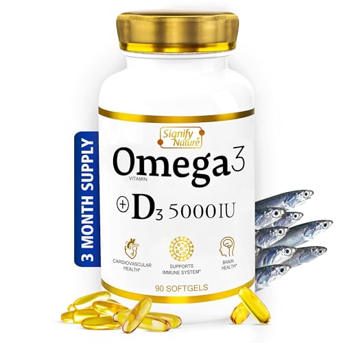 Image of SIGNIFY NATURE Omega-3 + D3 Fish Oil 1000mg / Vitamin D3 5000IU 90 Softgels | Omega3 1000mg Triglyceride Capsules, Heart Health & Immune Support, High Potency EPA DHA + VIT D 3, 3-Month Daily Supplement