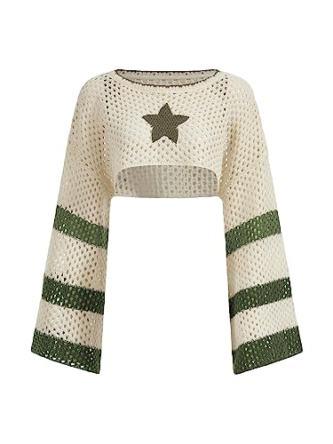 WDIRARA Women's Star Striped Print Long Sleeve Crop Sweater Round Neck Hollow Out Pullovers Knitwear