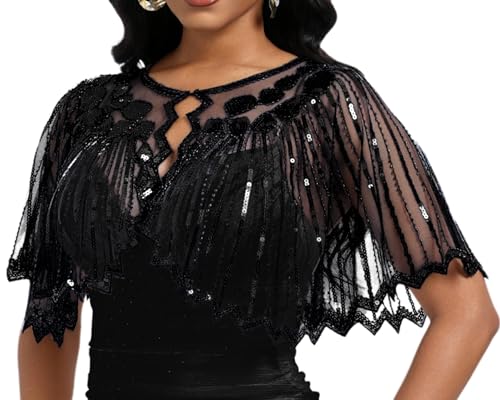 Beckyrebelly Womens 1920s Sequin Shawl Wraps Fringe Capelet Shawls for Evening Dresses Flapper Gatsby Accessories for Harlem Night Formal Party (Regular Black)