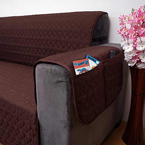 Image of DREAM KING 3 Layers Reversible Sofa Cover Polyester Single Seater Quilted Sofa Cover with Side Pockets Coffee & Beige