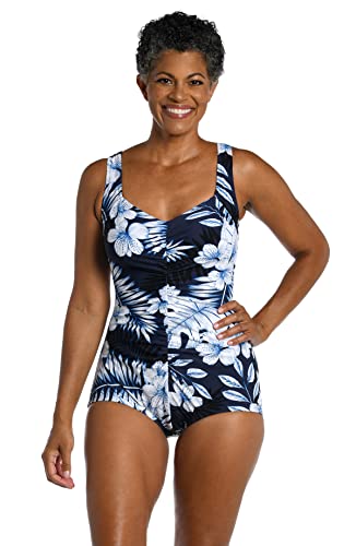 Maxine Of Hollywood Women's Standard Shirred Front Girl Leg One Piece Swimsuit, Indigo//Moonlight Tropics, 12 #TOP5