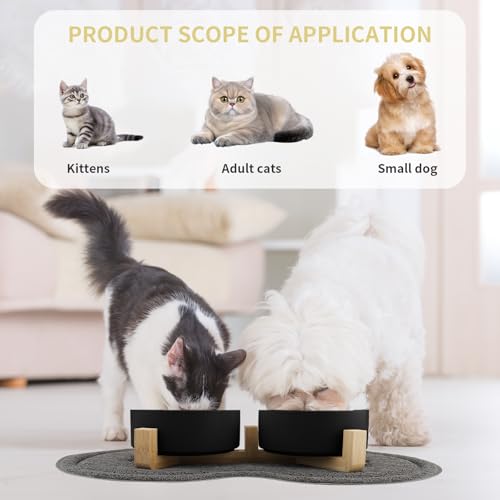 Zosenyer Katzennapf, 2 Stück Keramik Futternapf Katze Set, 3-in-1 rutschfeste Katzennäpfe mit Holzstände und Matten, Fressnapf und Wassernapf für Katzen und Kleine Hunde