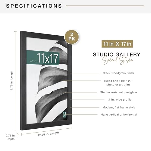 MCS Studio Gallery 11x17 Picture Frame Black Woodgrain, Rectangle Photo Frame for Photos, Posters & Art Prints (2-Pack)
