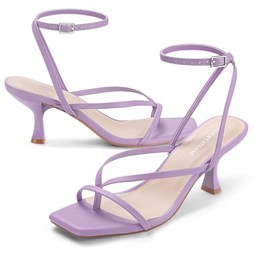 Image of Women's Kitten Heel Strappy Open Square Toe Thong Ankle Strap Heels for Wedding