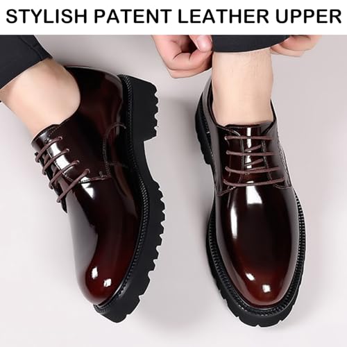 Image of Men's Patent Leather Lace Up Platform Work Oxfords Round Toe Slip Resistant Low Top Lug Sole Brogues Dress Shoes Comfortable Business Formal Shoes