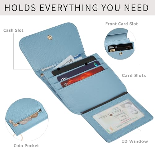 Image of Women Small Wallet RFID Blocking Slim Wallet with Coin Pocket Tri-Fold Credit Card Holder with ID Window and Keychain (Blue)