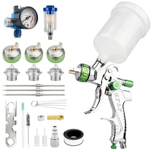 LVLP Air Spray Gun Premium Kit with 1.3/1.7/2.0mm Nozzle & Air Regulator Car Paint Gun Sprayer LVLP Automotive Paint Gun for Cars House Painting Furniture