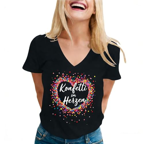 Konfetti im Herzen T-Shirt Damen - Konfetti im Herzen bunt Herz Geburtstag Karneval Fasching Fastnacht Damen T-Shirt mit V-Ausschnitt 2026