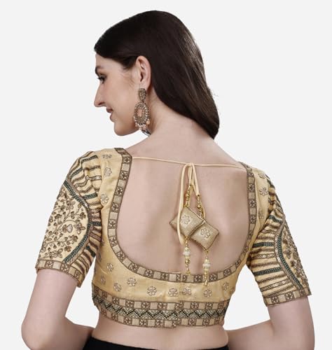 Image of Pujia Mills Mills Women's Fancy Readymade Heavy Coding Embroidary Worked Half Sleeve Multicolor Saree Blouse(Mushroom)