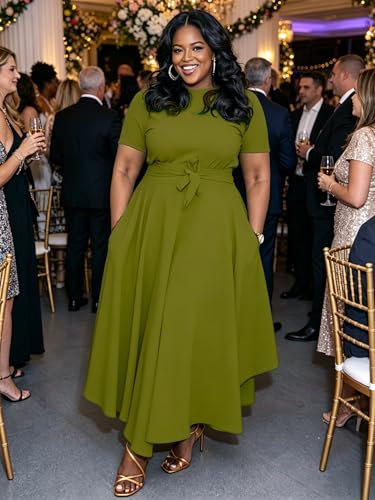 Image of Hostoyo Women Plus Size Formal A Line Maxi Dress Self Tie Waist with Pockets Elegant Round Neck Swing Long Dresses