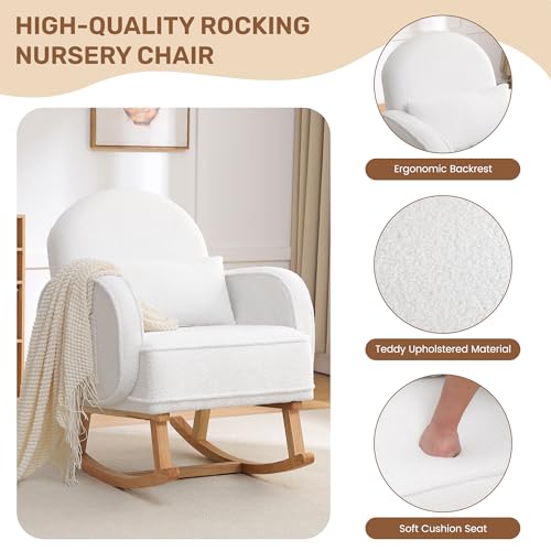 Image of Rocking Chair Nursery with Ottoman, Upholstered Glider Rocker with High Backrest and Side Pocket, Rocking Accent Armchair with Solid Wood Legs for Nursery /Living Room /Bedroom White