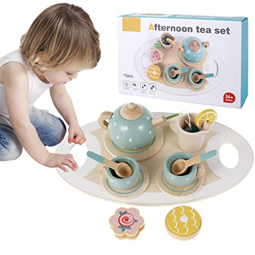 willkey 14Pcs Toy Tea Set Afternoon Tea Set Toy Wooden Pretend Tea Party Set Learning Role Play Funny Dessert Food Kid Playset Interactive Simulation for 3 4 5 Years Girl Toddler Boys (14PCS)