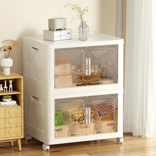 Storage Bins with Lid 76QT, Stackable Storage Containers with Wheels and Magnetic Doors, Plastic Clothes Closet Organizers and Storage Box for Pantry, Home and Office(2 Pack)