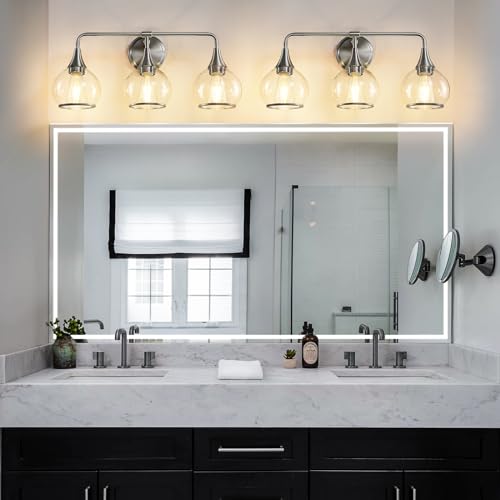 Image of Brushed Nickel Bathroom Vanity Light 3 Lights Bathroom Light Fixtures Over Mirror with Clear Glass Shade 22.4 inch Wall Sconces Lighting Bath(Exclude E26 Bulb)
