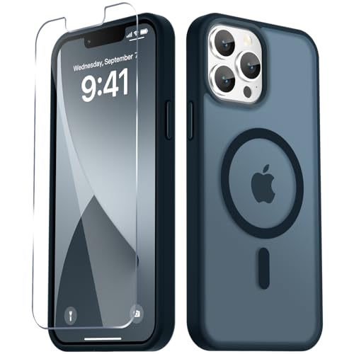 Image of YENAPOON for iPhone 13 Pro Case, Matte Magnetic Phone Cover [with 1 Screen Protector] [Support for MagSafe] [Shockproof Military Grade Protection] Translucent Frosted Back, Navy Blue