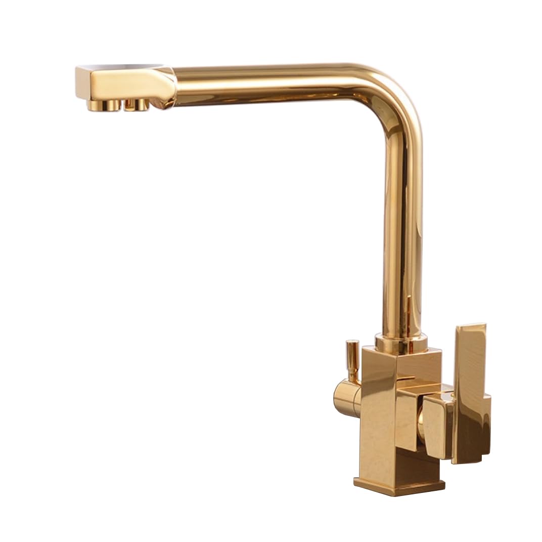 Grifo Cocina con Osmosis Integrado Dorado Grifo Fregadero Cocina 3 Vías con 2 Salidas Giratorio 360 ° Grifo Grifo Fregadero Cocina con 2 Palancas Cuadrado Dorado