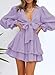 Dokotoo Womens Summer Fashion 2026 Casual Spring Summer Sexy V Neck Ruffle Elegant Long Sleeve Empire Waist Tie Knot Cute Chiffon Swing A Line Mini Short Dresses for Women Brunch Dress Purple Small