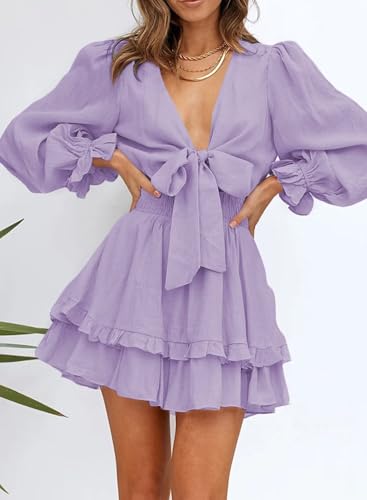 Image of Dokotoo Womens Casual Spring Fall 2025 Deep V Neck Knotted Tiered Chiffon Elegant Mini Short Swing Skater Dresses