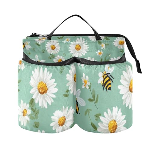 Image of Luggage Cup Holder for Suitcases Free Hands Suitcase Cup Holder Travel Luggage Drink Holder Portable Luggage Cup Caddy Bag Carrier with Handle Mint Green Daisy Flowers and Bees