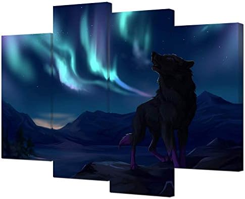 VVOVV Wall Decor Northern Lights Wolf Picture Canvas Wall Art Prints Black Wolf Under Aurora Polaris Cool Living Room Wall Decor Framed Artwork Large 4 Panels VVOVV Wall Decor Northern Lights Wolf Picture Canvas Wall Art Prints Black Wolf Under Aurora Polaris Cool Living Room Wall Decor Framed Artwork Large 4 Panels