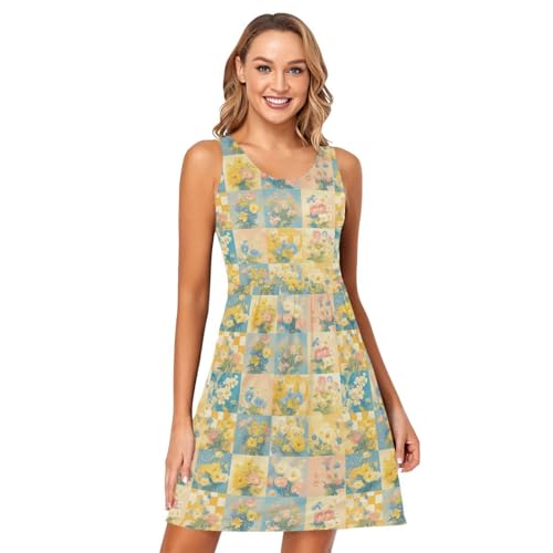 FRODOTGV Robe d'été rétro à carreaux pour femme, motif floral groovy peinture à l'huile, robe d'été ample sans manches, Tableau à damier rétro Groovy...