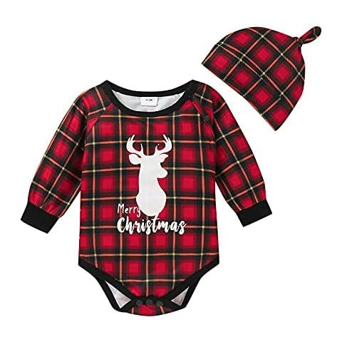 MAHUAOYIXI 2PCs Newborn Baby Christmas Romper Infant Christmas Outfit Round Collar Long Sleeve Knitted Pullover Jumpsuit Bodysuit Elk Cap Crawling Pants Xmas Clothes Costumes (Red, 12-18 Months) Cover