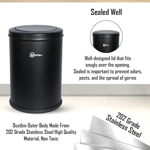 Image of mofna Stainless Steel Swing lid dustbin, Garbage Bin, Trash Can, with removable lid For Home, Kitchen, Bathroom, Office & Commercial Use - 12x28 In -60 Liter, Black, Pack of 1