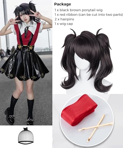 Image of Half and Half Black Ponytail Wig with Bangs Short Curly Black Anime Lolita Cosplay Wigs + Hairpins + Red Ribbons Black Twin Tails Wig for Women Halloween Party