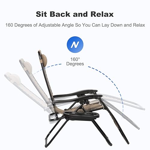 Nazhura Set of 2 Relaxing Recliners Patio Chairs Adjustable Steel Mesh Zero Gravity Lounge Chair Beach Chairs with Pillow and Cup Holder Khaki (Kahki)