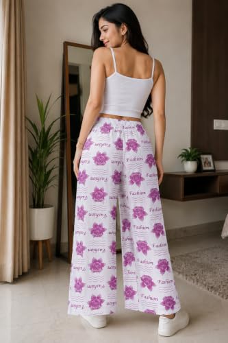 Image of Women Wide Leg Palazzo Pants with Floral Fashion Print White, Pink