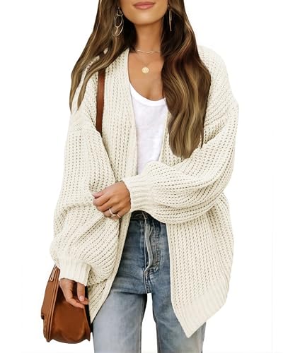 JFAN Mujer Cárdigan de Punto Jerséis Manga Larga Mujer Suéter Cárdigan Bolsillo Abrigo Cálido para Otoño e Invierno Beige M