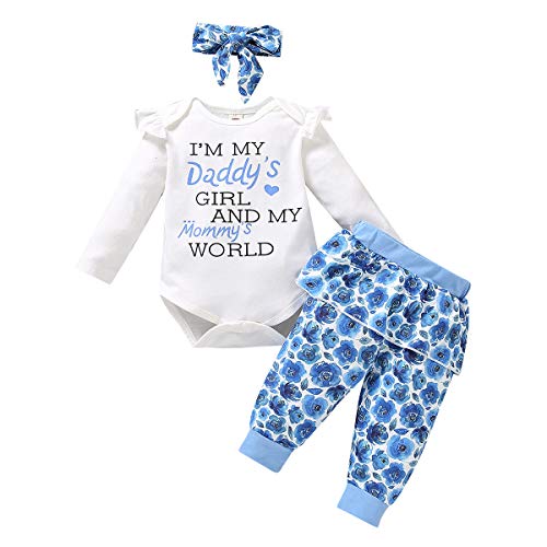 Baby Girl Coming Home Outfit Long Sleeve Letter Print Romper Bodysuit I'm My Daddy's Girl and My Mommy's World Top Floral Pants Set with Headband 3Pcs Fall Winter Clothes Set White Blue 6-12 Months
