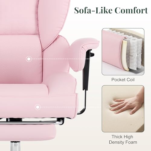 Image of Big and Tall Ergonomic Office Chair,400 LBS,High Back Reclining PU Leather Gaming Chair with Footrest, Adjustable Armrests, Lumbar Support, Executive Desk Chair for Home Office, Pink