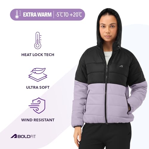 Image of Boldfit jacket for woman puffer winter jacket for woman standard length jackets for women stylish latest hooded winter wear jackets for women cozy jerkins for ladies