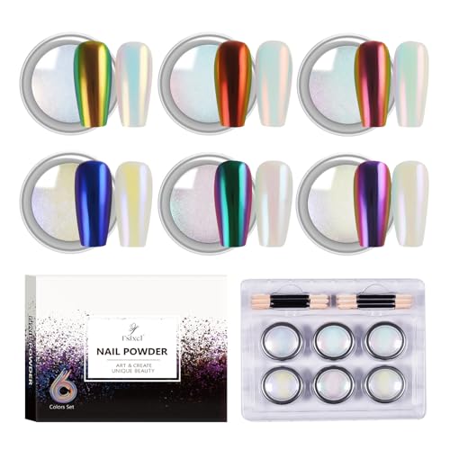 FSIXCL 6 Colors Set 0.5g/Jar Chrome Nail Powder Mirror Effect Mermaid Aurora Pearl White Glitter Iridescent Pigment Color Shift Dust Nail Art Decoration -  WT 6Pcs Set-01