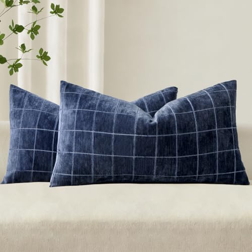Image of MIULEE Navy Blue Plaid Decorative Throw Pillow Covers 12x20 Set of 2 | Vintage Check Chenille Couch Pillows Neutral Boho Farmhouse Cushion Covers Modern Home Decor for Sofa Bed Living Room