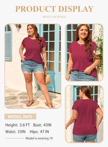 Image of Eytino Plus Size Tops for Women Waffle Knit T-Shirts Round Neck Short Sleeve Casual Loose Basic Tee Blouses(1X-5X)