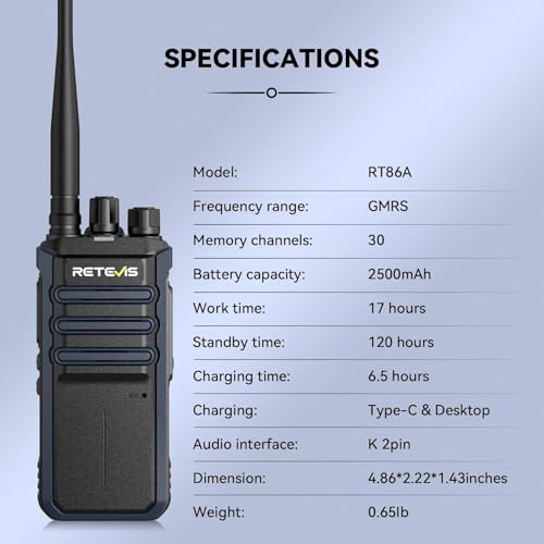 Image of Retevis RT86A Walkie Talkies Long Range, Professional Two Way Radio with Mic, Heavy Duty, Group Call, GMRS 2 Way Radio, 2500mAh Rechargeable, for Distribution Center Warehouse Industry(4 Pack)
