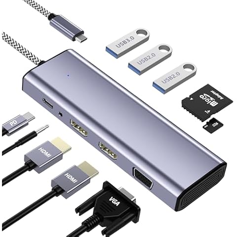 Docking Station Dual Monitor, USB C Docking Station Dual Monitor, USB C to Dual HDMI Adapter, Dual Monitor Adapter, USB C Hub 10 in 1 Docking Station 3 Monitors with HDMI/VGA/PD/USB/SD/TF/3.5mm Audio Cover