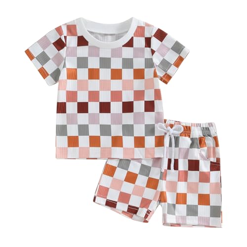 Newborn Baby Girl Boy Clothes Short Sleeve Checkerboard T-Shirt Tops and Shorts 2Pcs Summer Outfit 0-3T (Auburn, 0-6 Months)
