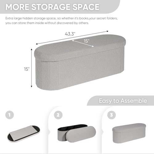 Image of B FSOBEIIALEO Ottoman with Storage for Living Room, Sherpa Folding Storage Ottoman Foot Rest, 43.3 Inches Collapsible Bedroom Bench Grey