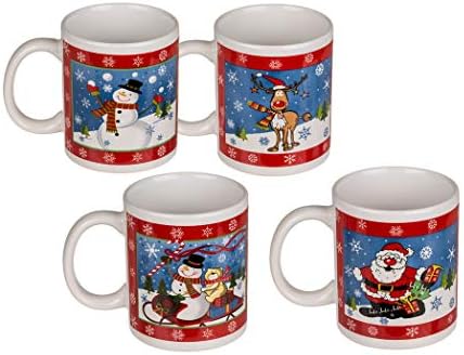 Invero Set of 4 Christmas Snowman Santa Claus Reindeer Printed 12oz (350ml) Fine Bone China Drinking Mugs Ideal for Tea, Coffee, Latte, Hot Chocolate, Gifts and more