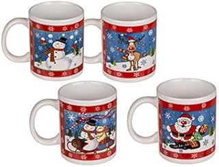 Invero Set of 4 Christmas Snowman Santa Claus Reindeer Printed 12oz (350ml) Fine Bone China Drinking Mugs Ideal for Tea, Coffee, Latte, Hot Chocolate, Gifts and more
