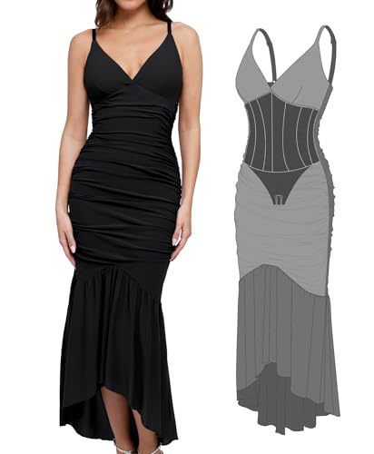 Image of Popilush Corset Dress Built in Shapewear Bodycon Cocktail Dresses for Women Wedding Guest Deep V Neck Mesh Ruched Maxi Dress