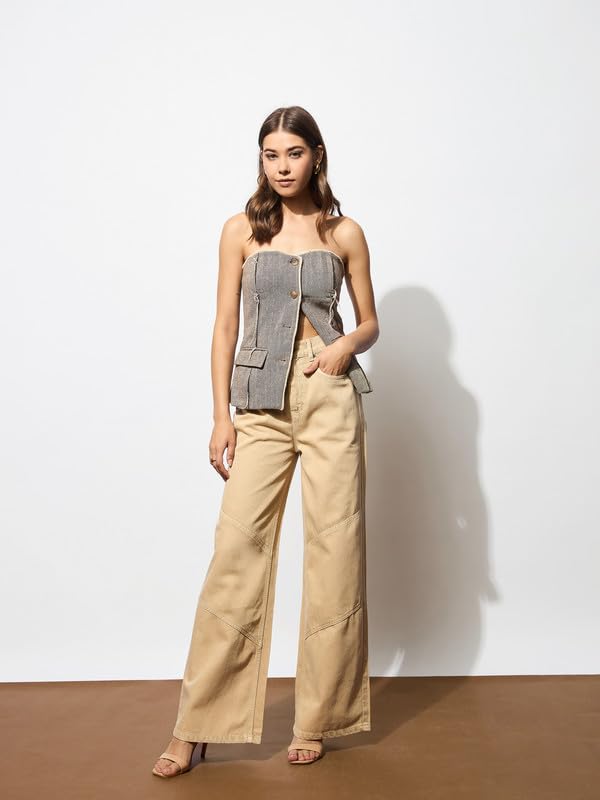Image of barcino Navy High-Rise Stitch Detail Straight Jeans