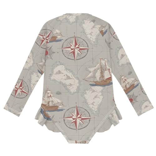 ALAZA Toddler Swimsuit Girl Bathing Suit Swimwear Rash Guard Nautical Map Sailboat Long Sleeve 3T 5