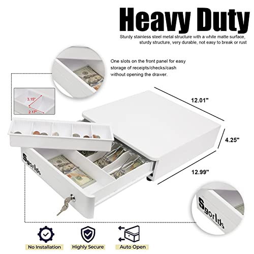 Sgorlds 13" Cash Register Drawer For Pos Machine With 4 Bill 4 Coin Fully Removable Cash Tray Coin Compartment,12-24V,Rj11/Rj12 Compatible,Key Lock #TOP1
