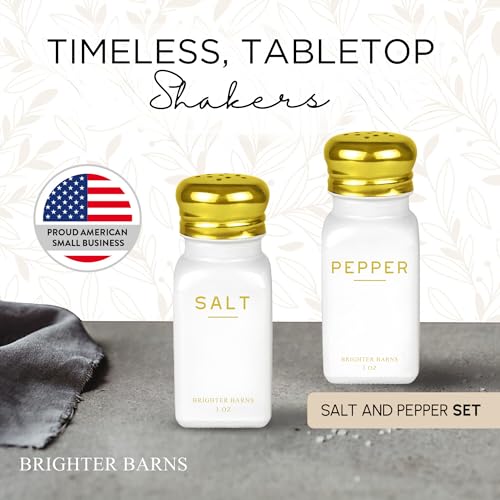 Image of Gold Salt and Pepper Shakers Set by Brighter Barns - Modern Kitchen Decor, White and Gold Kitchen Decor & Accessories - Vintage Glass Shakers with Stainless Steel Lids for Home, Restaurant