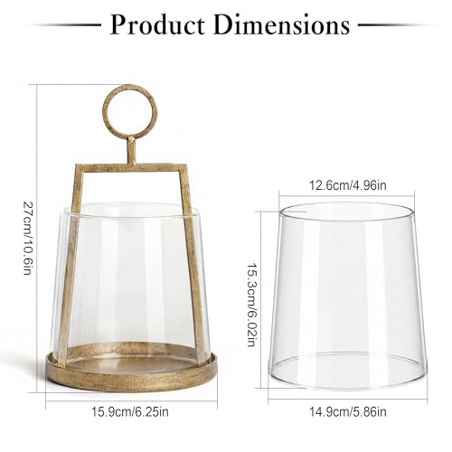 Modern Farmhouse Hurricane Candle Holder, Antique Brass Metal Centerpiece with Sturdy Glass Sleeve, Tabletop Geometric Lantern for Pillar Candles, Plants & Home Decor (6" x 10") by SUJUN - Image 2