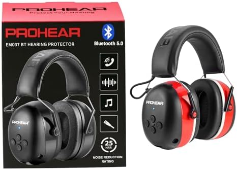 PROHEAR 037 Bluetooth 6.0 Hearing Protection Headphones with Rechargeable 1500mAh Battery, 25dB NRR Safety Noise Reduction Ear Muffs 40H Playtime for Mowing, Workshops, Snowblowing 2 PACK